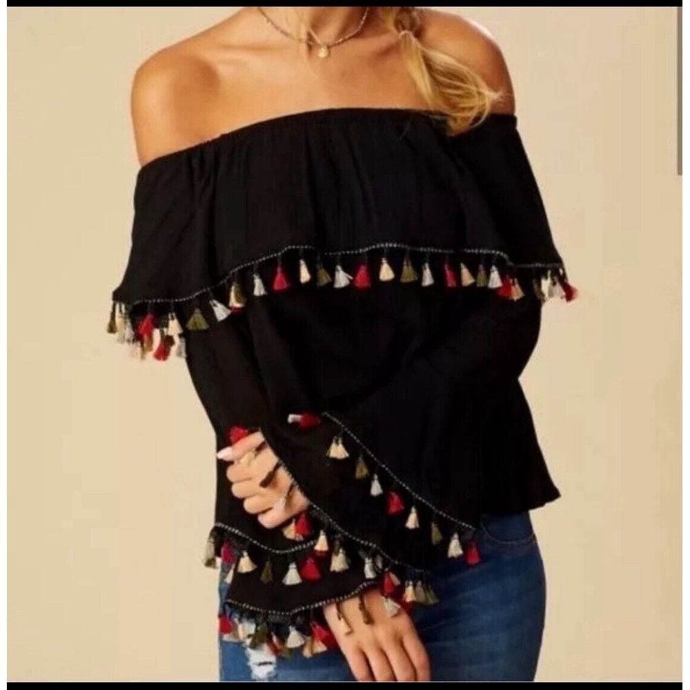 Altar'd State Black‎ Off Shoulder Shirt Marisol Top Tassels Small
